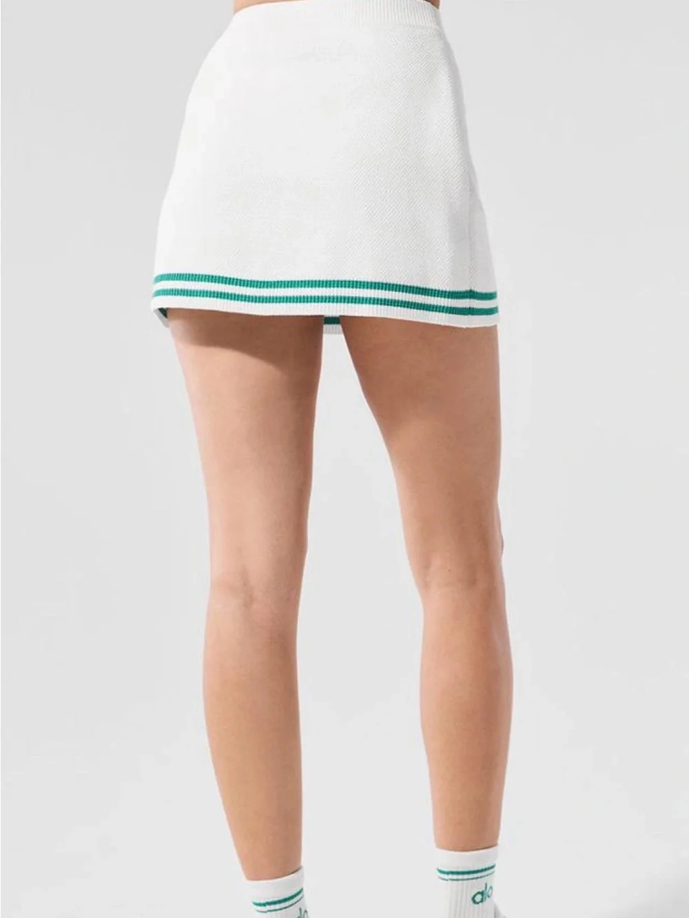 ALO NWT Tennis Club Knit White Mini Skirt skort with Green Double Stripe small